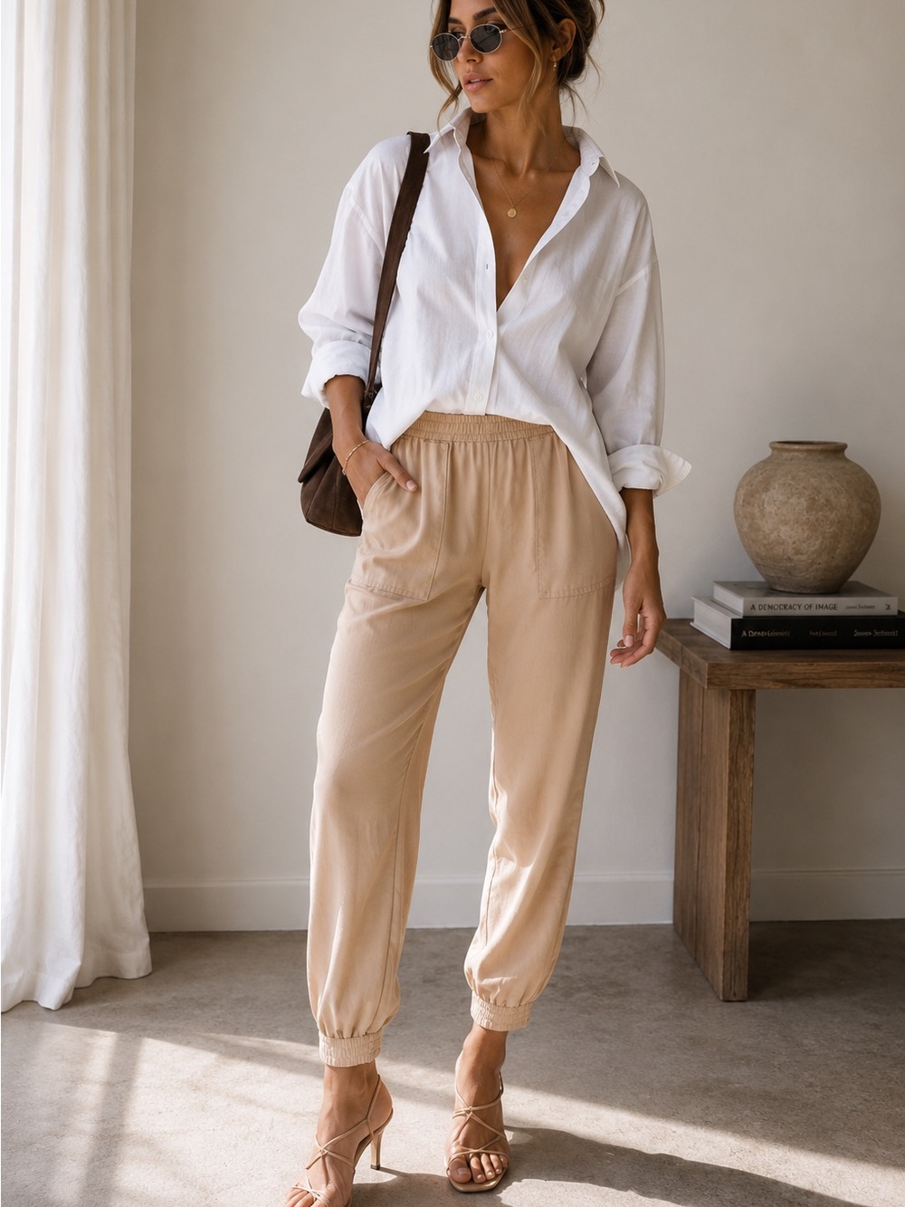 Zara Tan Utility Jogger Pants High Rise Tapered Ankle XS